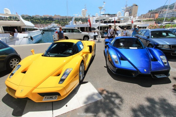 enzo multicolor 600x399 at Blue and Yellow Ferrari Enzo Duo Spotted in Monaco