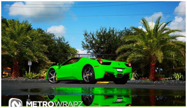 lime green 458 2 600x349 at Metro Wrapz Lime Green Ferrari 458 Looks Yummy!