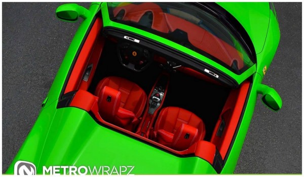 lime green 458 4 600x349 at Metro Wrapz Lime Green Ferrari 458 Looks Yummy!