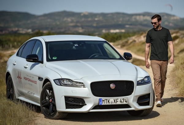 hoult jaguar xf 1 600x407 hoult jaguar xf 1 600x407 at Nicholas Hoult Does the ‘Smart Cone’ Challenge in a Jaguar XF