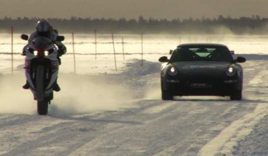 911 vs yamaha ice at Porsche 911 vs Yamaha R1   On Ice