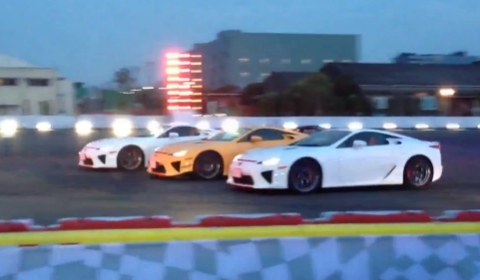three LFAs at Three LFAs Celebrate Lexus Spindle Night by Drifting