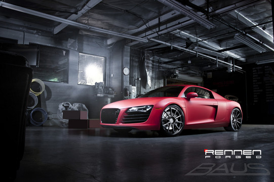 Audi R8 with Rennen Modular R10 2 at Matte Red Audi R8 by Rennen Forged