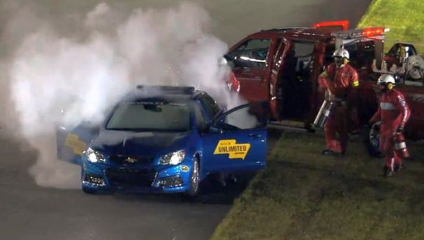 chevy ss safety car fire 600x340 at Chevrolet SS Safety Car Catches Fire Pacing NASCAR Race