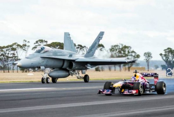 redbull vs jet 600x403 at Red Bull F1 Car Takes on F/A 18 Hornet Fighter Jet