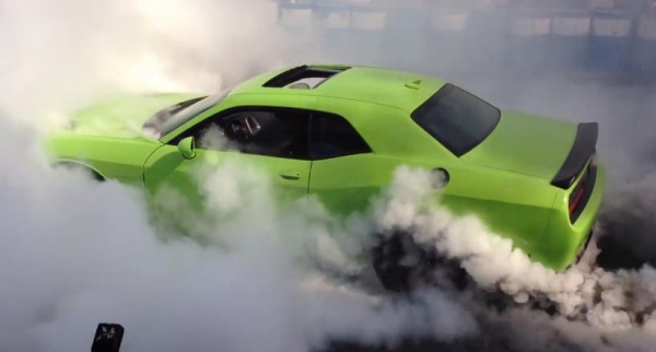 hellcat burnout 600x322 at Watch Ralph Gilles Burn the Hell Out of a Challenger Hellcat