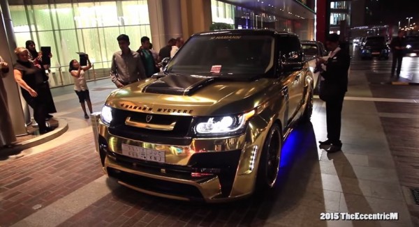 gold car dubai 3 600x326 at Gold Car Bonanza in Dubai: 918, G63 6x6, Aventador & Range Rover