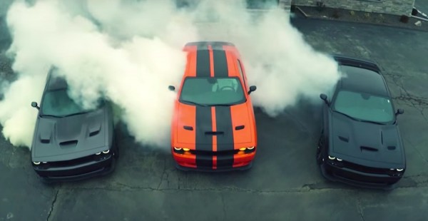 Dodge Challenger Hellcat Rubber 600x310 at Heavenly Hellcats: 3x Challenger Hellcat Burn Rubber